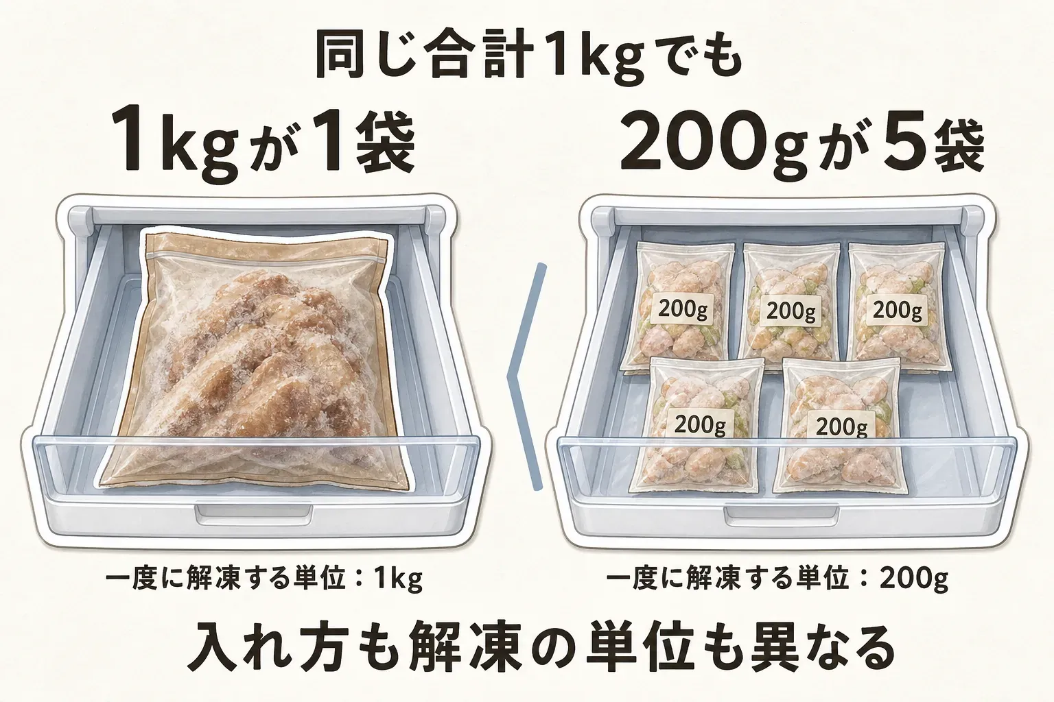 同じ合計1kgの冷凍返礼品でも、1kgが1袋の場合と200gが5袋の場合では、冷凍室への入れ方と一度に解凍する量が異なることを示した比較