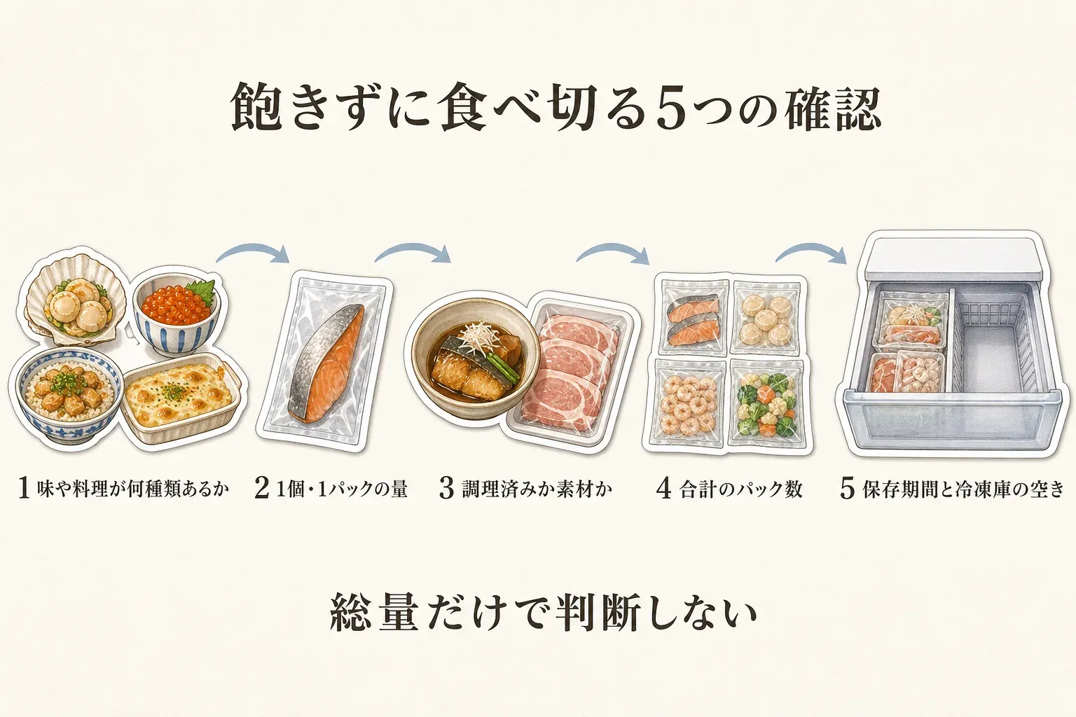 冷凍返礼品を飽きずに食べ切るための5つの確認項目。味や料理の種類、1個・1パックの量、調理済みか素材か、合計のパック数、保存期間と冷凍庫の空きを順に確認し、総量だけで判断しない
