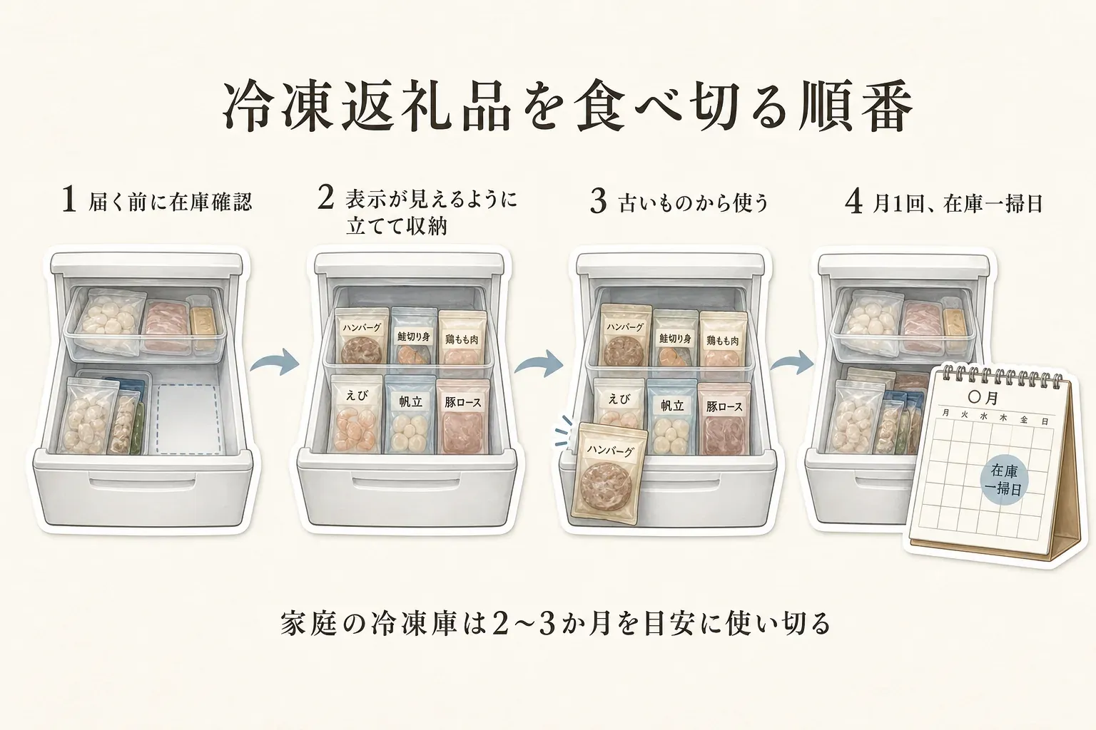 冷凍返礼品を食べ切る順番。届く前に在庫を確認し、表示が見えるように立てて収納し、古いものから使い、月1回の在庫一掃日を設ける4段階と、家庭の冷凍庫は2〜3か月を目安に使い切ることを示している