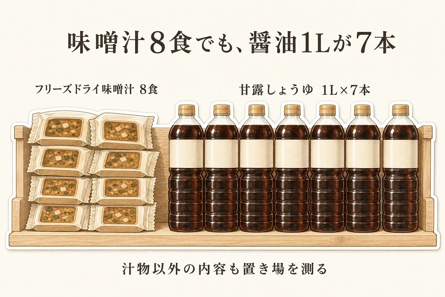 フリーズドライ味噌汁8食と甘露しょうゆ1Lを7本並べた図。汁物以外の内容も含めて置き場所を測る必要があることを示している