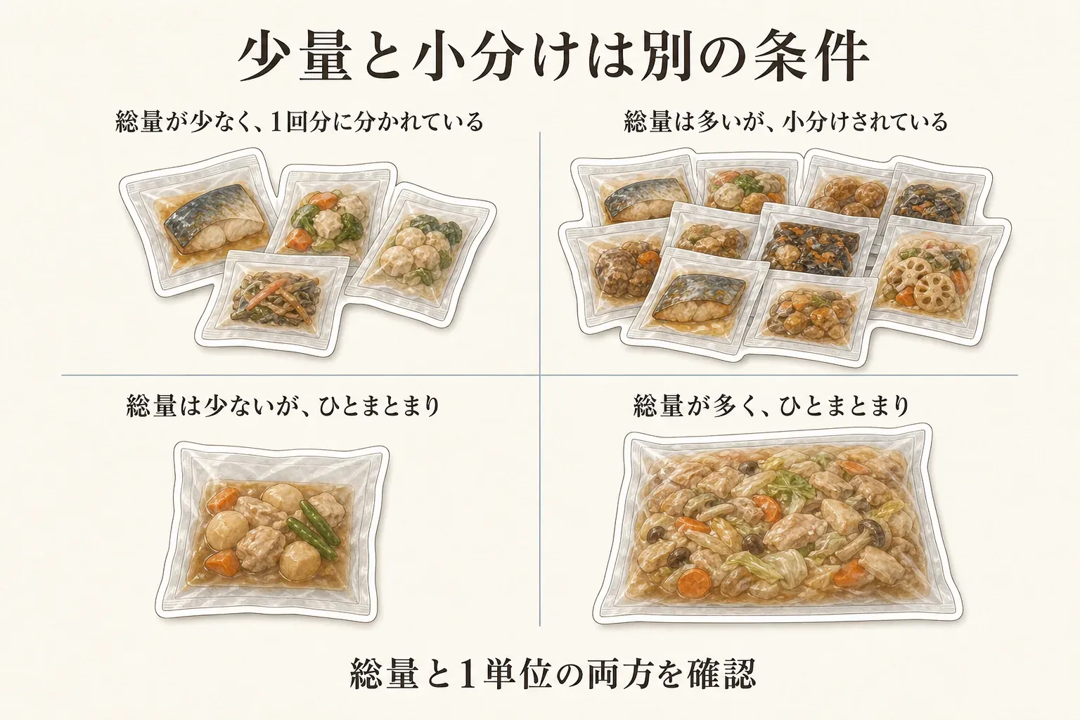 少量と小分けの違いを4つの食品パックの例で比較した図。総量が少なく1回分に分かれている、総量は多いが小分けされている、総量は少ないがひとまとまり、総量が多くひとまとまりの4通りを示し、総量と1単位の両方を確認するよう案内している