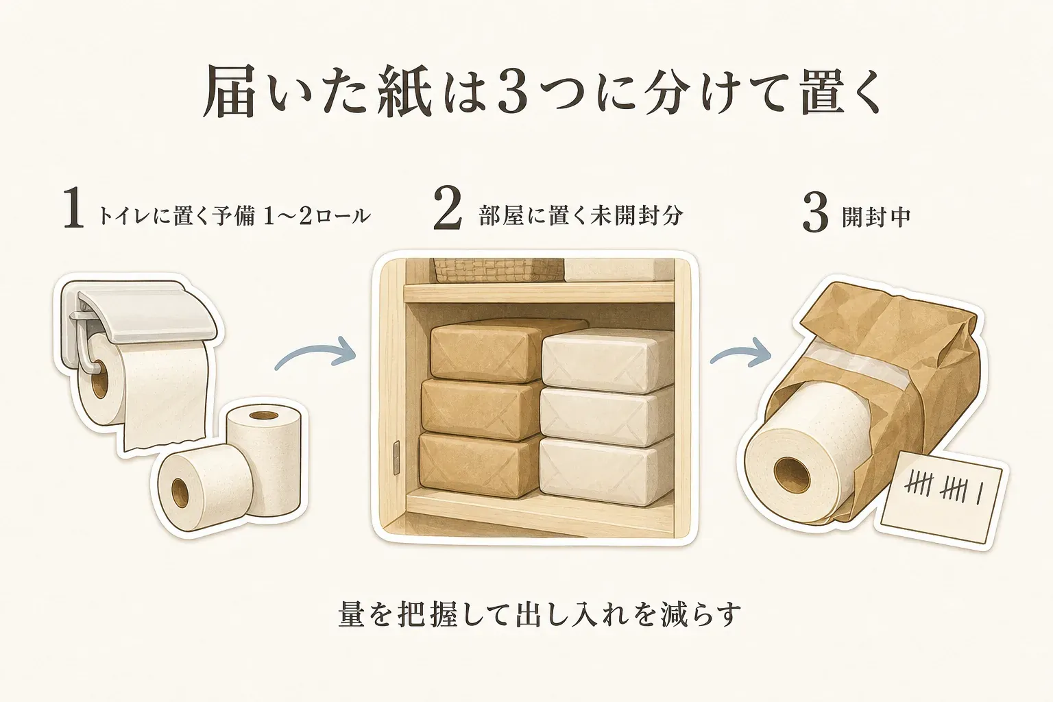 届いたトイレットペーパーを3つに分けて置く方法。トイレには予備を1〜2ロール、部屋には未開封分、開封中の紙は別にし、量を把握して出し入れを減らす