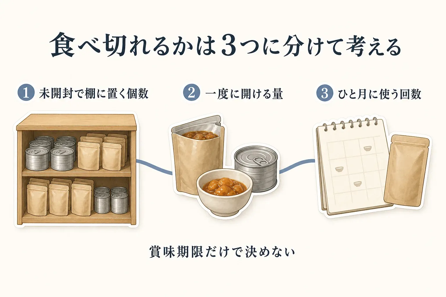 常温レトルト・缶詰を食べ切れるか判断する3つの確認事項。未開封で棚に置く個数、一度に開ける量、ひと月に使う回数を順に考え、賞味期限だけで決めないことを示す図