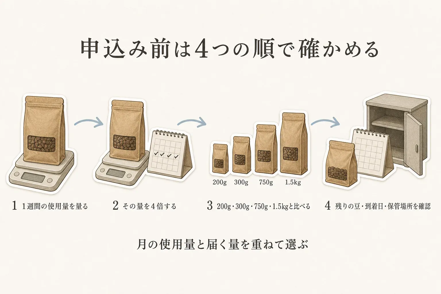 コーヒー返礼品を申し込む前の4手順。1週間の使用量を量り、その量を4倍し、200g・300g・750g・1.5kgの届く量と比べ、残りの豆・到着日・保管場所を確認して、月の使用量と届く量を重ねて選ぶ