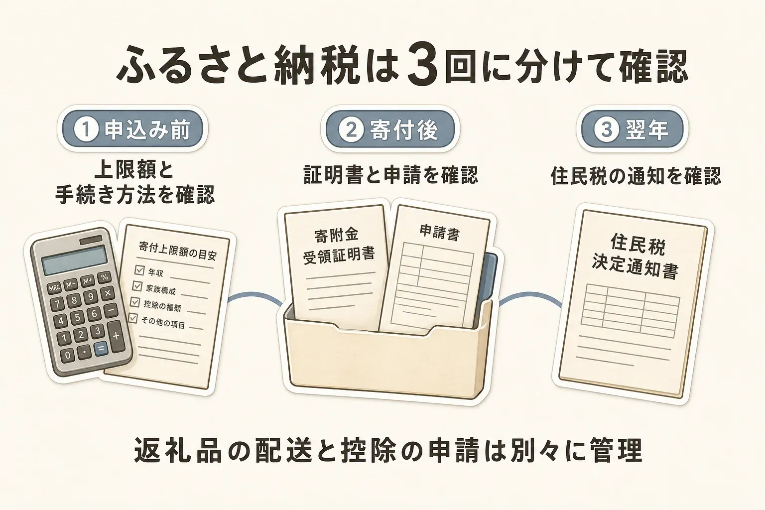 ふるさと納税で確認する3つの時点。申込み前は控除上限額と手続き方法、寄付後は寄附金受領証明書と控除申請、翌年は住民税決定通知書で控除の反映を確認する流れを示す図