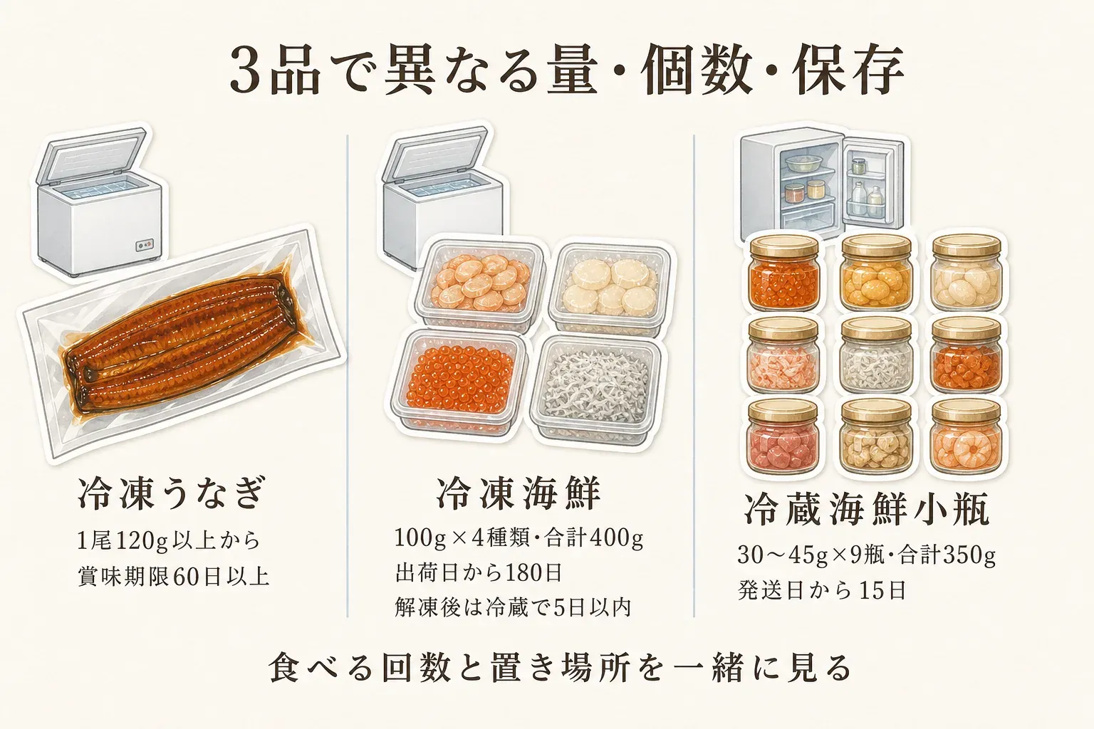 食べきりやすさを比べる返礼品3品。冷凍うなぎは1尾120g以上からで賞味期限60日以上、冷凍海鮮は100g×4種類・合計400gで出荷日から180日、解凍後は冷蔵で5日以内、冷蔵海鮮小瓶は30〜45g×9瓶・合計350gで発送日から15日と示す図