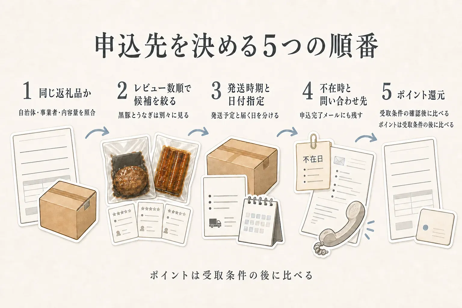 申込先を決める5つの順番。同じ返礼品かを自治体・事業者・内容量で照合し、黒豚とうなぎは別々にレビュー数順で候補を絞り、発送時期と日付指定、不在時の扱いと問い合わせ先を確認して申込完了メールにも残し、ポイント還元は受取条件を確認した後に比べる流れを示す図