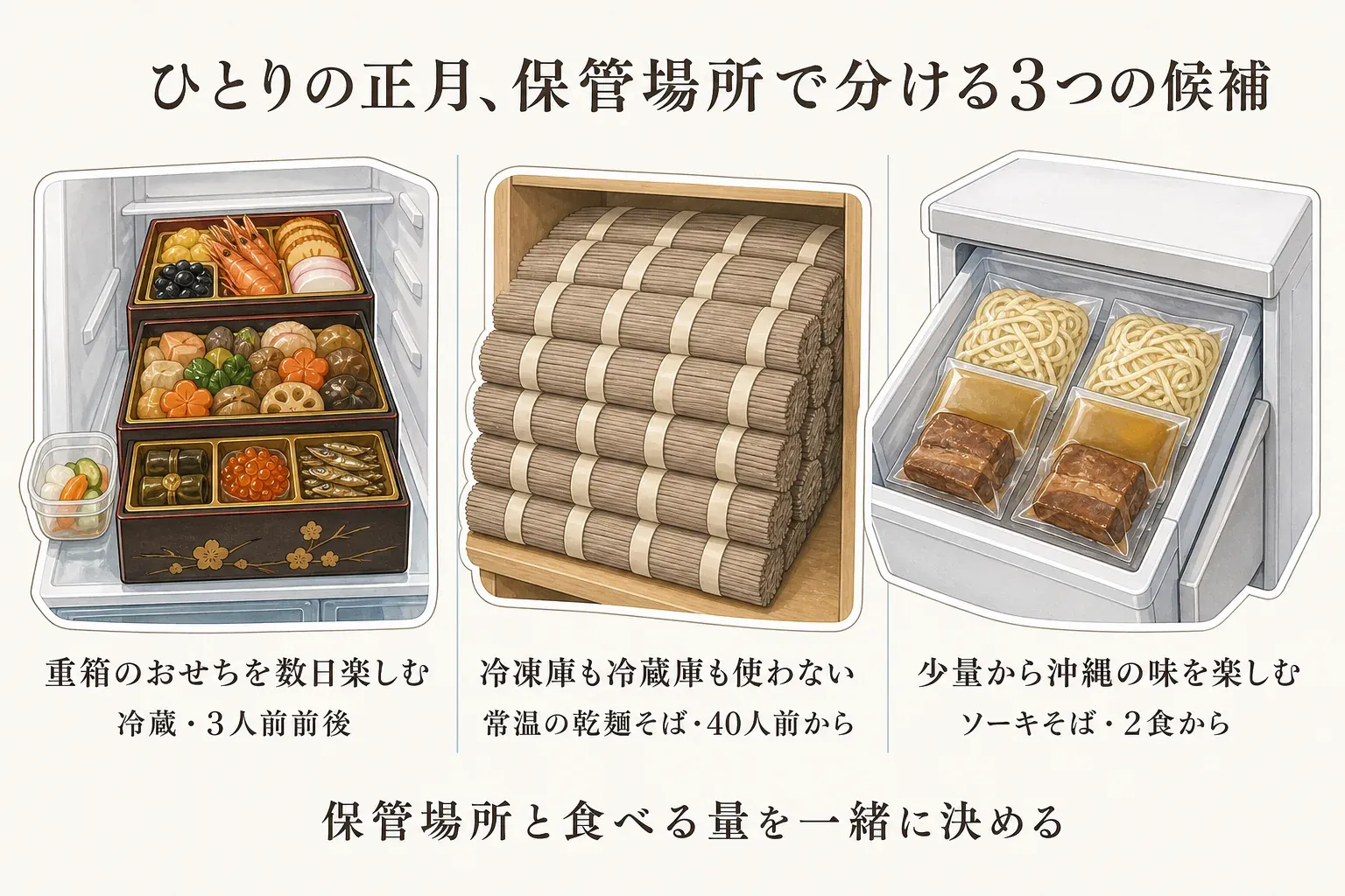 おせちと年越しそばの保管方法を比べる図。冷蔵おせちは冷蔵庫の棚と年末の受け取り日を確認し、乾麺そばは冷凍庫を使わず常温の棚に保管できるが40人前などの総量を確認し、ソーキそばは2食から選べる一方で冷凍庫の空きと保存期限を確認する