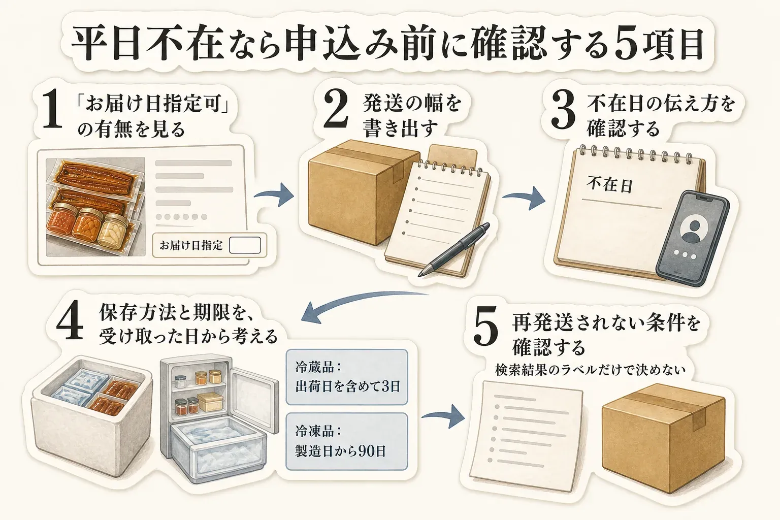 平日不在なら申込み前に確認する5項目。お届け日指定可の有無、発送の幅、不在日の伝え方、受け取った日から考える保存方法と期限、再発送されない条件を、返礼品詳細の注意書きまで確認する流れを示す図