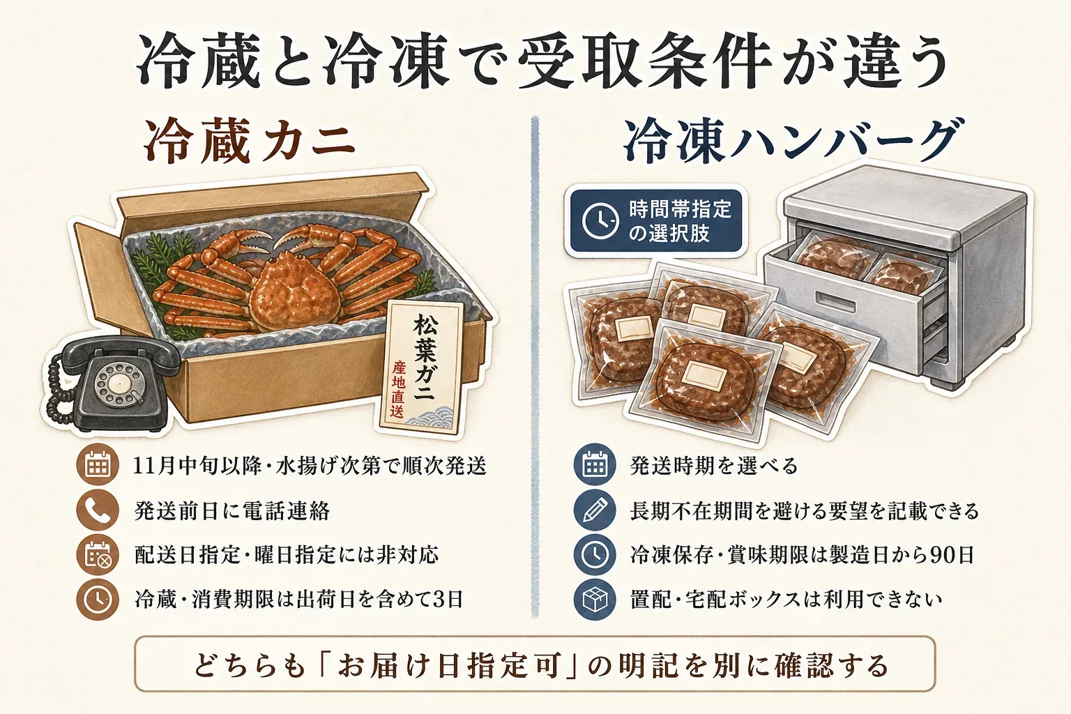 冷蔵カニと冷凍ハンバーグの受取条件の比較。冷蔵カニは11月中旬以降に水揚げ次第で順次発送、発送前日に電話連絡、配送日・曜日指定には非対応、消費期限は出荷日を含めて3日。冷凍ハンバーグは発送時期と時間帯を選べ、長期不在期間を避ける要望を記載でき、賞味期限は製造日から90日、置配・宅配ボックスは利用できない。どちらもお届け日指定可の明記を別に確認することを示す図