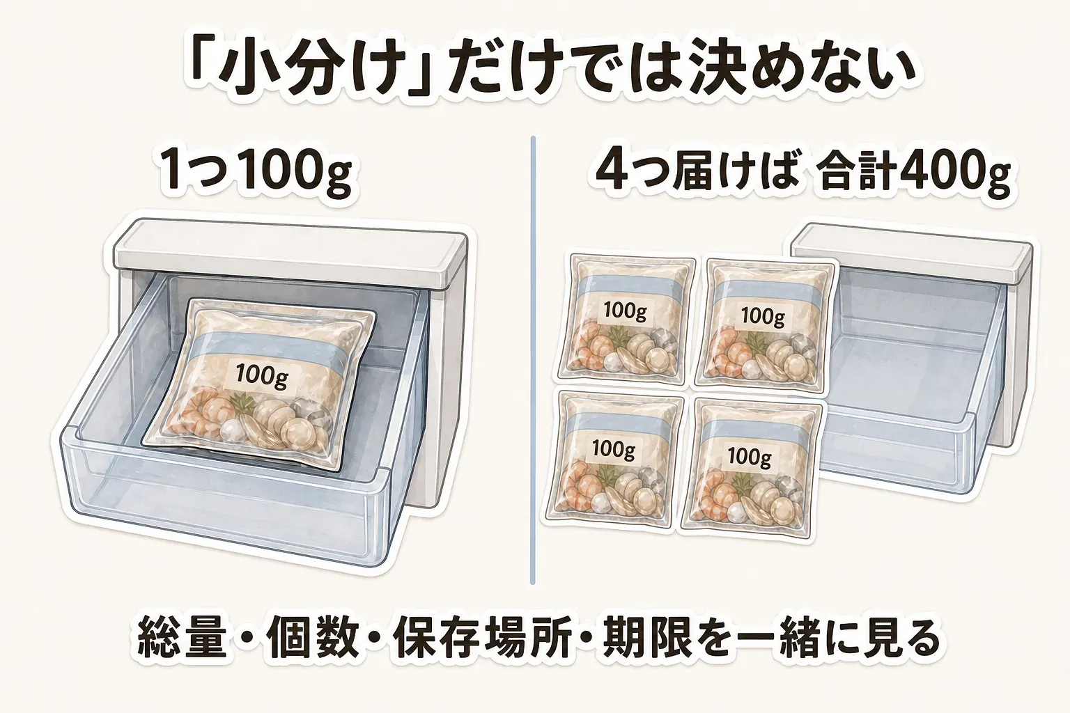 小分けだけでは決めないことを示す図。1つ100gでも4つ届けば合計400gになり、総量・個数・保存場所・期限を一緒に確認する