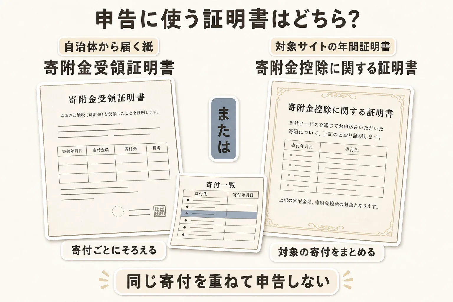 ふるさと納税の確定申告に使う証明書の選び方。自治体から届く寄付ごとの寄附金受領証明書、または対象サイトの寄付をまとめた寄附金控除に関する証明書を使い、同じ寄付を重ねて申告しないことを示す図