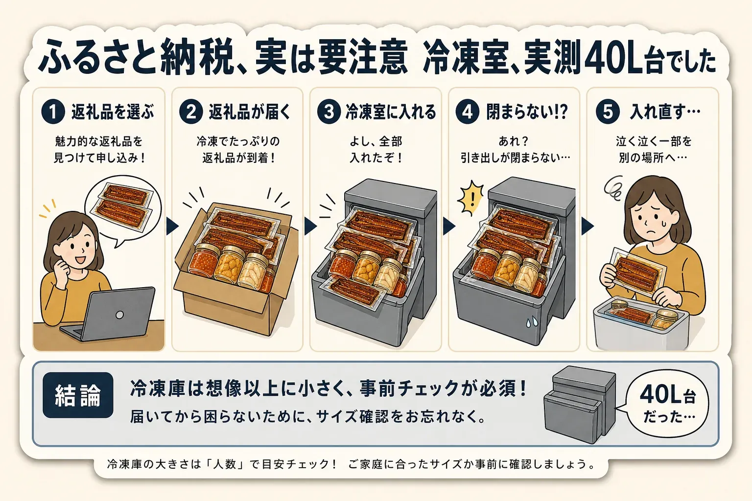 一人暮らしで野菜定期便を申し込む前の5つの確認を示す図。1回の品目数・重量・特産品、消費期限・保存方法・冷蔵庫の場所、発送間隔と初回発送月、日時指定・事前相談・不在時の再送、葉物・根菜・大量品の使い道を順に確認し、レビュー数より暮らしに合う量と受取条件で選ぶ