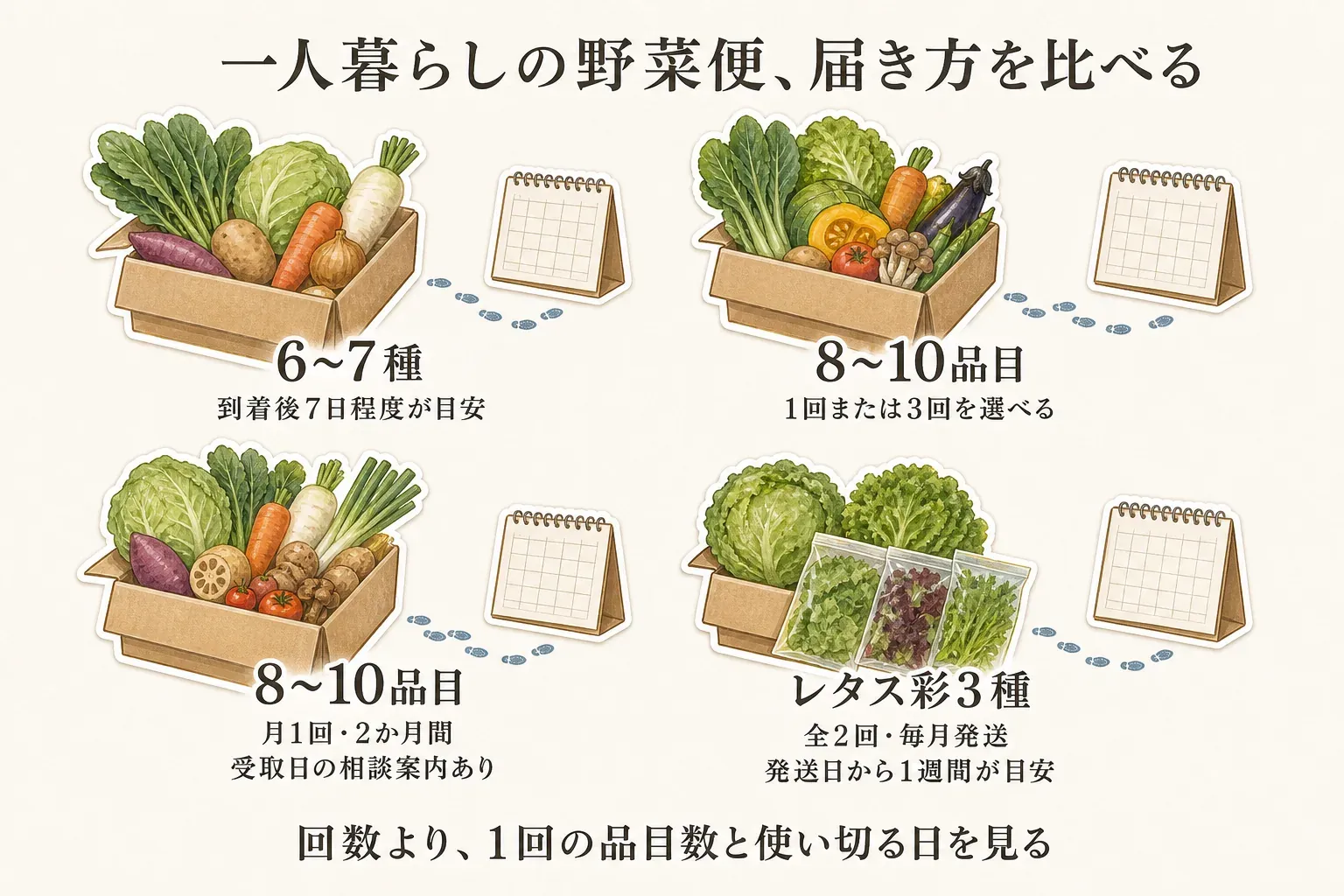 一人暮らし向け野菜便の届き方4例。6〜7種で到着後7日程度が目安のセット、8〜10品を1回または3回選べるセット、8〜10品を月1回・2か月間で受取日の相談案内があるセット、レタス彩3種を全2回・毎月発送し発送日から1週間が目安の定期便を比較し、回数より1回の品目数と使い切る日を見ることを示す図