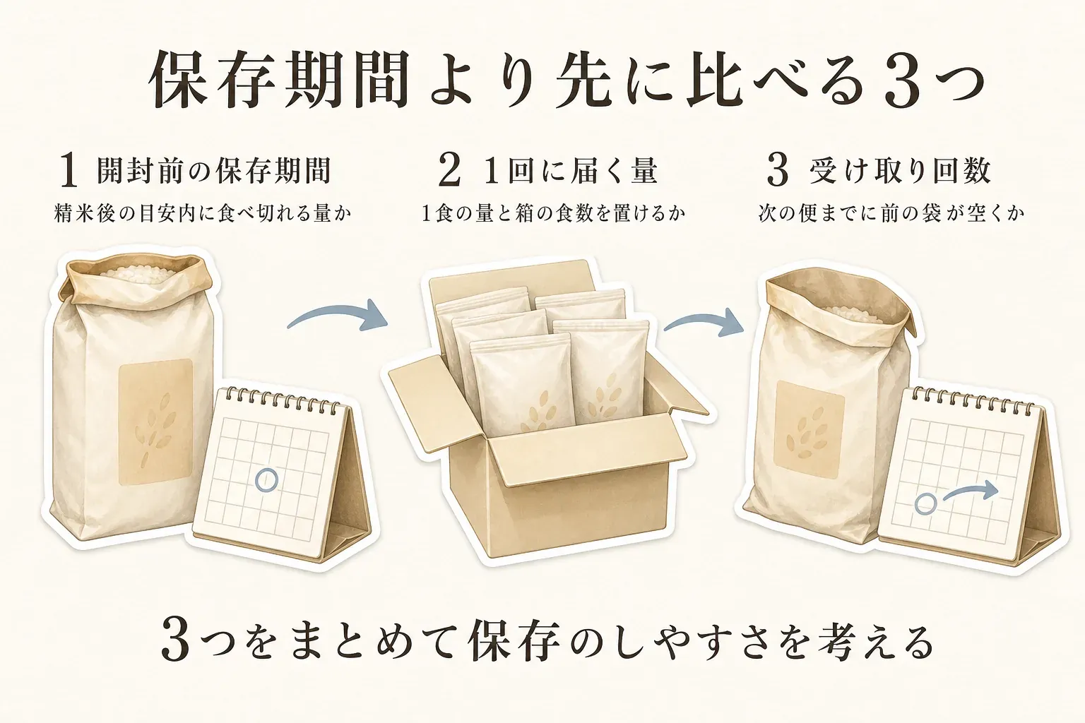米返礼品の保存しやすさを比べる3つの確認項目を示す図。1つ目は精米後の目安内に食べ切れる量かを見る開封前の保存期間、2つ目は1食の量と箱の食数を置けるかを見る1回に届く量、3つ目は次の便までに前の袋が空くかを見る受け取り回数で、3つをまとめて判断するよう示している
