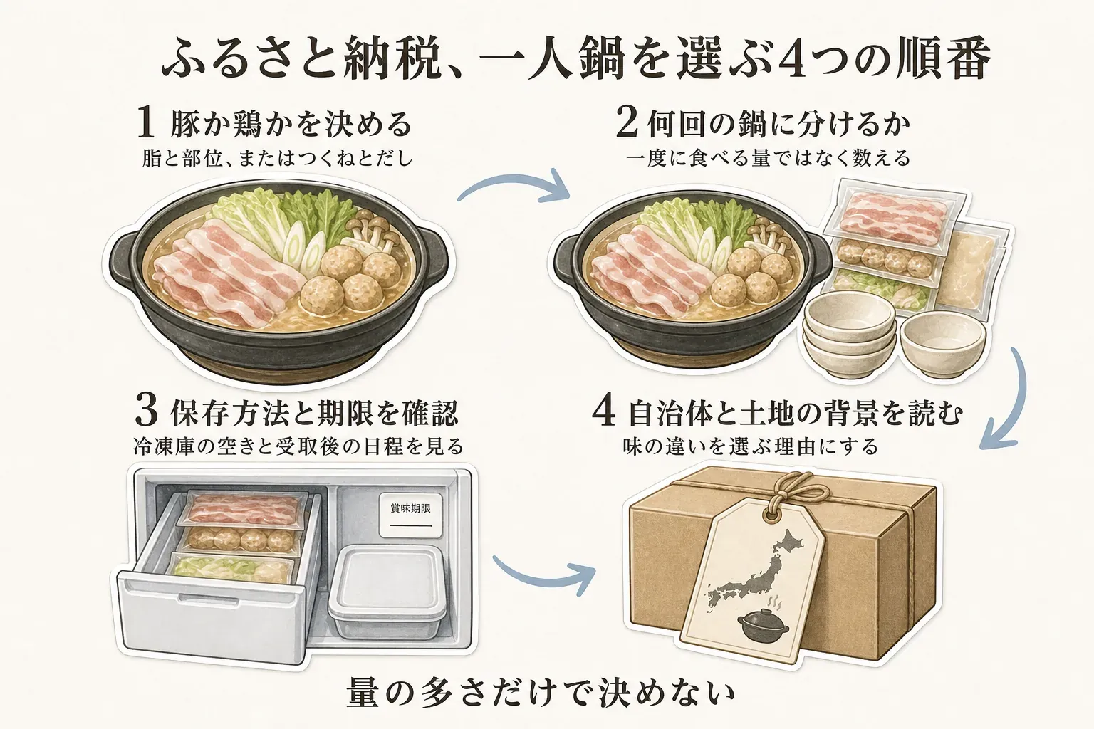ふるさと納税で一人鍋を選ぶ4つの順番を示す図。1は豚の脂と部位か鶏つくねとだしかを決める、2は一度に食べる量ではなく何回の鍋に分けるかを数える、3は冷凍庫の空きと受取後の期限を確認する、4は自治体と土地の背景を読んで味の違いを選ぶ理由にする、という流れ