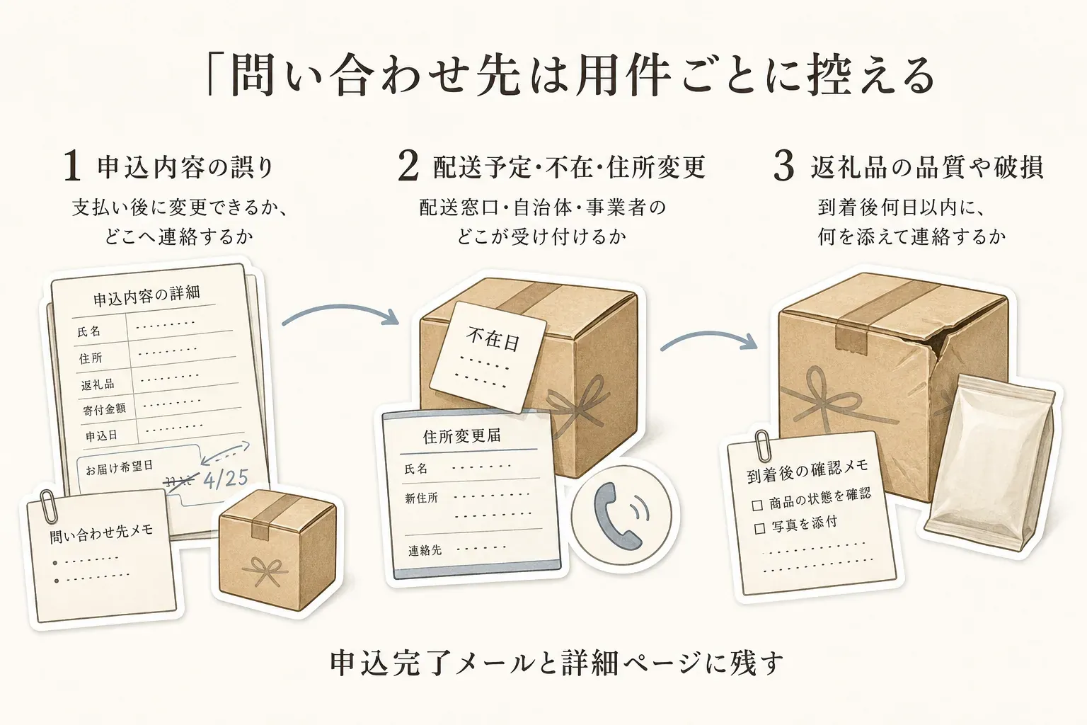 ふるさと納税の問い合わせ先を用件別に控える図。申込内容の誤りは支払い後に変更できるかと自治体への連絡先、配送予定・不在・住所変更は配送窓口・自治体・事業者の受付先、返礼品の品質や破損は到着後の連絡期限と必要な情報を確認する