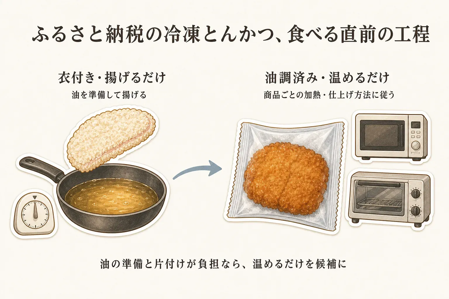 ふるさと納税の冷凍とんかつを食べる直前の工程の比較。衣付き・揚げるだけの品は油を準備して揚げ、油調済み・温めるだけの品は電子レンジやオーブントースターなど商品ごとの加熱・仕上げ方法に従う。油の準備と片付けが負担なら温めるだけの品を候補にする