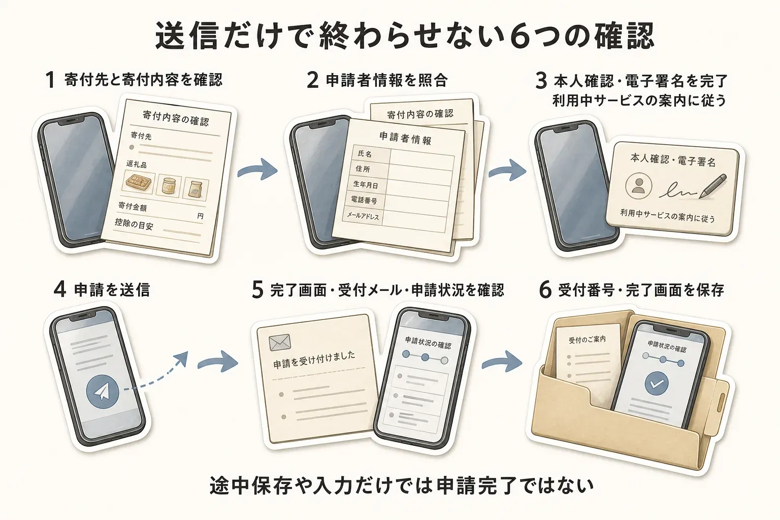 ワンストップ特例のオンライン申請を完了するまでの6手順。寄付先と寄付内容の確認、申請者情報の照合、マイナンバーカードでの本人確認・電子署名、申請送信、完了画面・受付メール・申請状況の確認、受付番号または完了画面の保存を行う