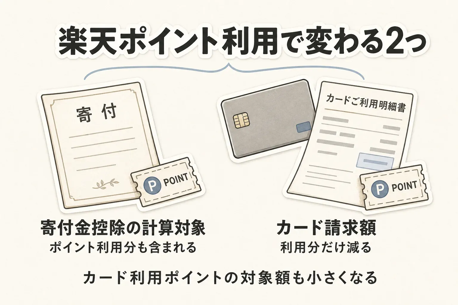 楽天ポイントを使った場合の効果。寄付額はポイント利用前の金額として寄付金控除の計算対象に含まれる一方、カード請求額は利用ポイント分だけ減り、カード利用ポイントの対象額も小さくなることを示す図。出典：楽天ふるさと納税FAQ