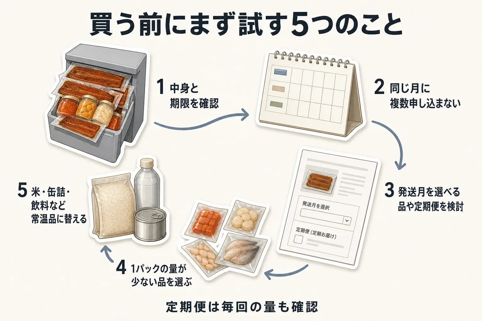 セカンド冷凍庫を買う前に試す5つのこと。冷凍室の中身と期限を確認する、同じ月に複数申し込まない、発送月を選べる品や定期便を検討する、少量パックを選ぶ、米・缶詰・飲料など常温品に替える。定期便は毎回の量も確認する図