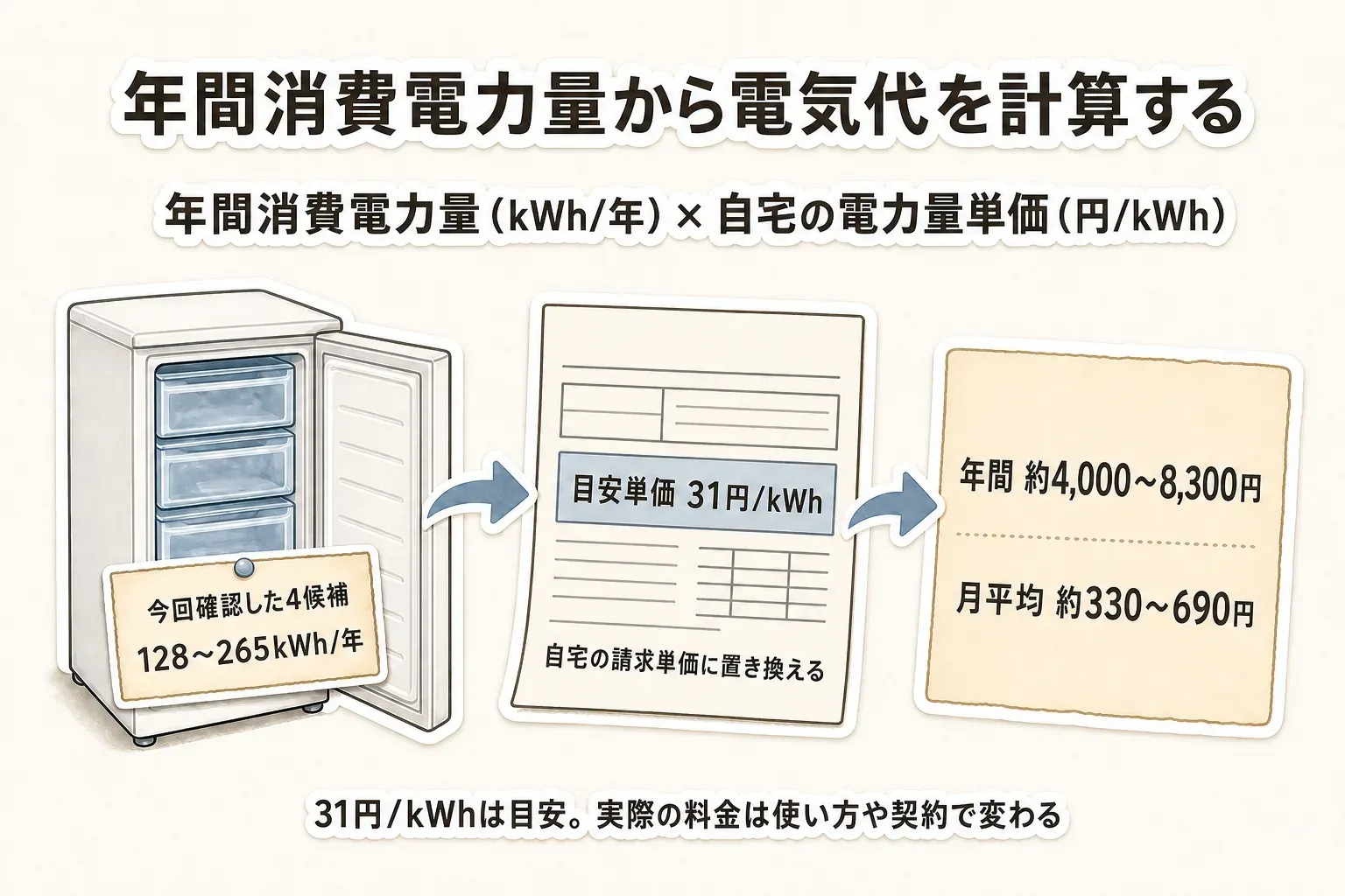 年間消費電力量128〜265kWh/年に目安単価31円/kWhを掛け、電気代を試算する流れ