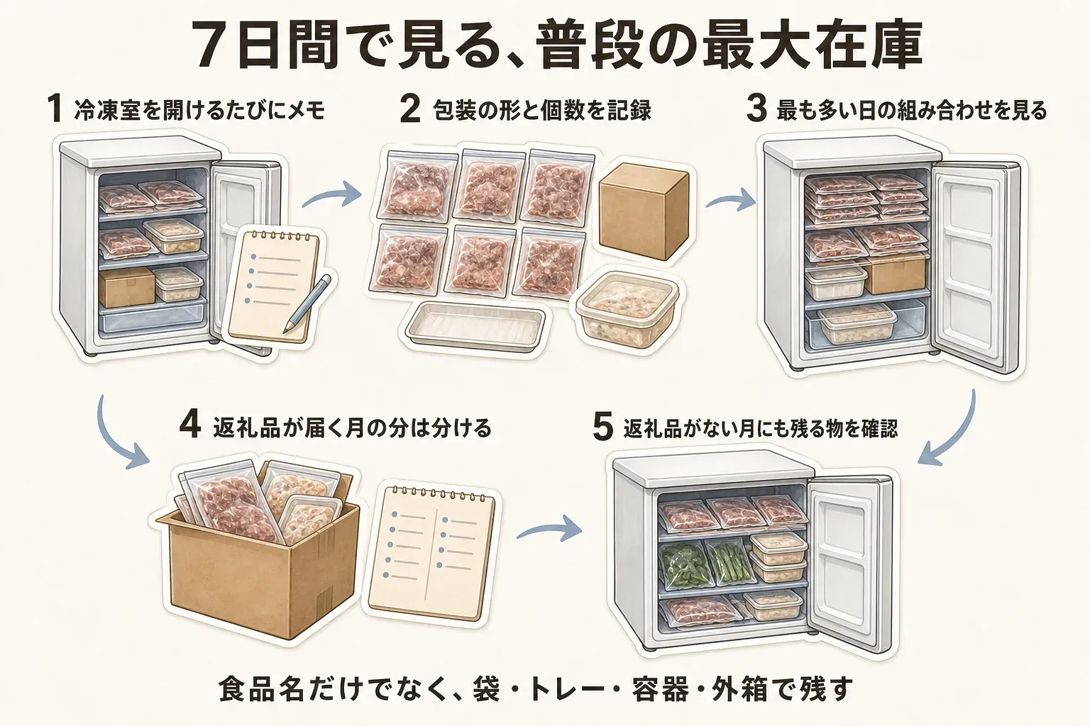 7日間の冷凍ストック記録として、冷凍室を開けるたびにメモし、袋・トレー・容器・外箱の形と個数を残し、最も多い日の組み合わせ、返礼品が届く月の分、返礼品がない月にも残る食品を確認する流れ
