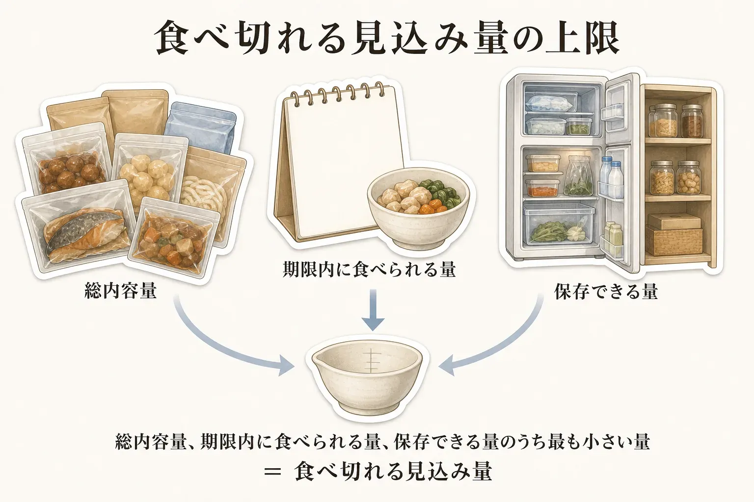 食べ切れる見込み量の上限を示す図。総内容量、期限内に食べられる量、保存できる量の3つを確認し、そのうち最も小さい量を食べ切れる見込み量とする